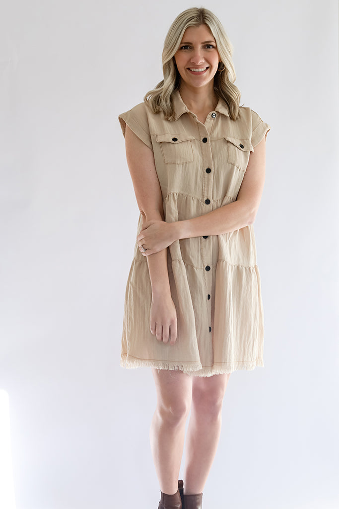 Tiered button up mini dress for women with collar from Favored And Common