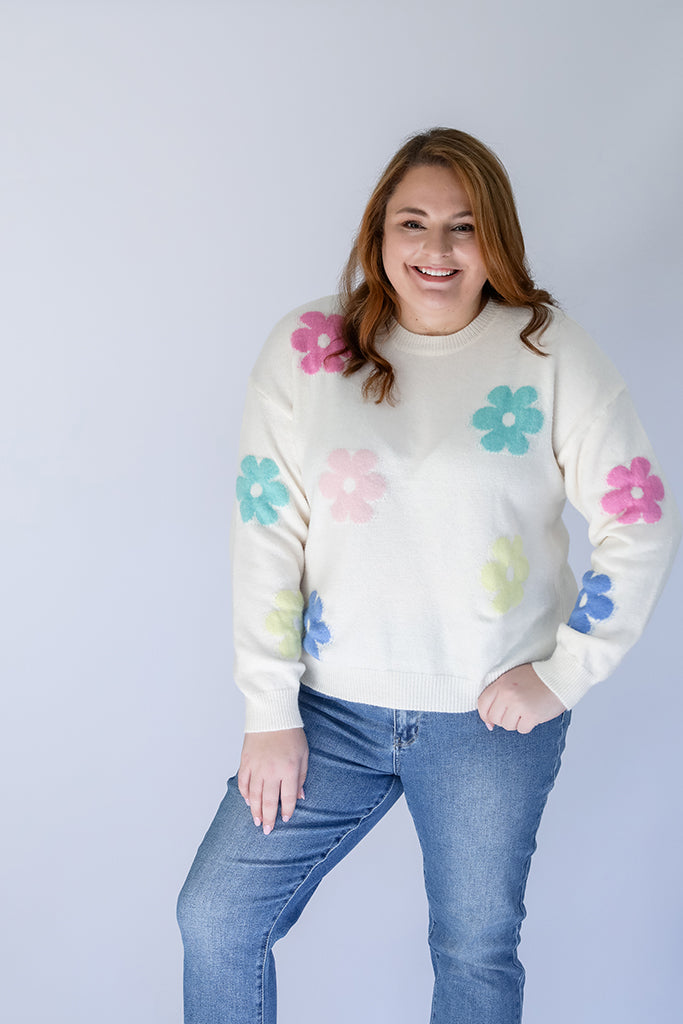 White daisy print sweater for women from Favored And Common in NC