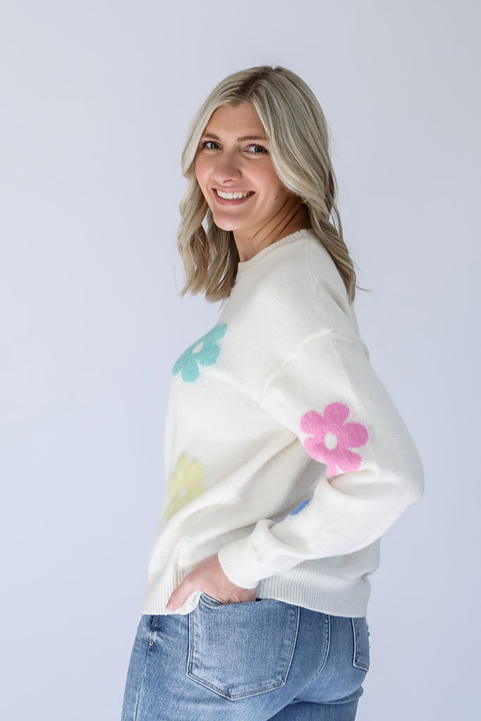 White knit sweater with pastel daisy print for women From Favored And Common