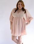 Womens textured pink mini dress with three quarter bubble sleeves from Favored and Common in NC