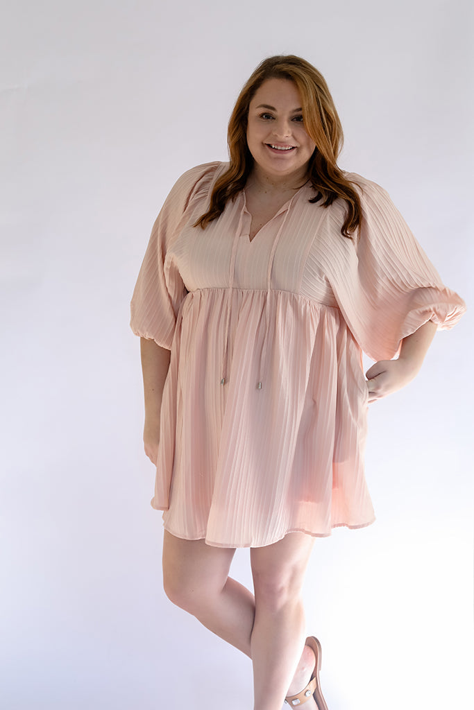 Womens textured pink mini dress with three quarter bubble sleeves from Favored and Common in NC