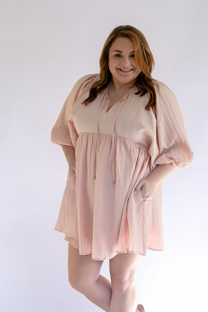 Womens textured blush pink mini dress with pockets from Favored and Common in NC