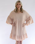 Pink woven gauze mini dress with sleeves from Favored And Common