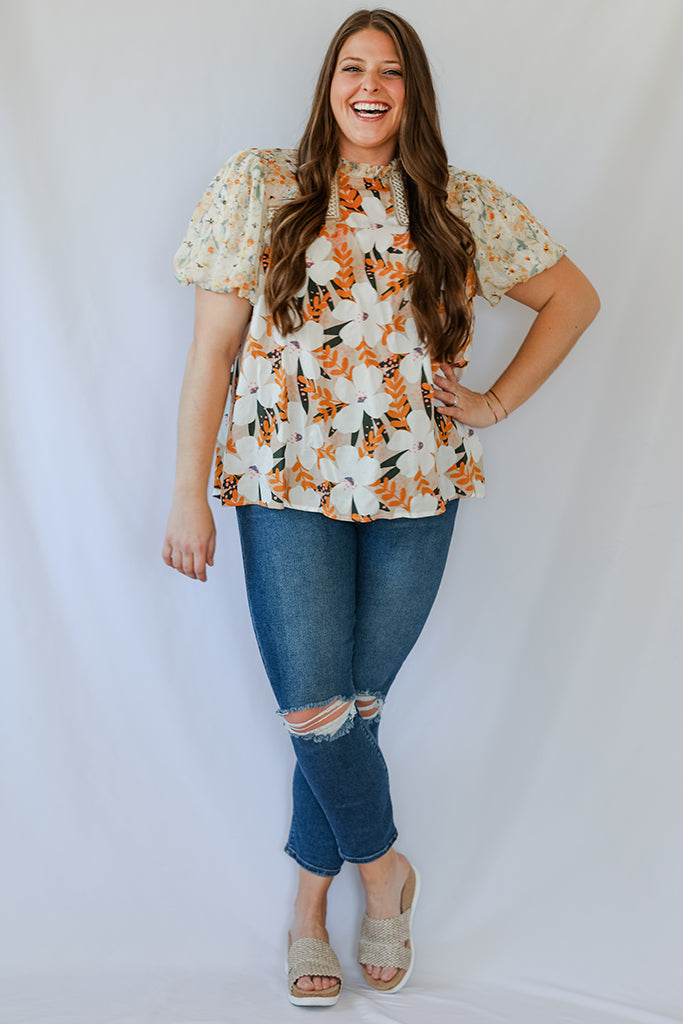 Yellow floral blouse with bubble sleeves 