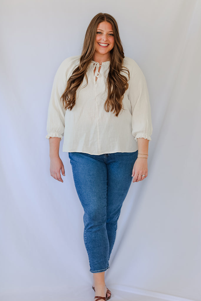 Cream linen blouse with front tie from Shop Favored and Common