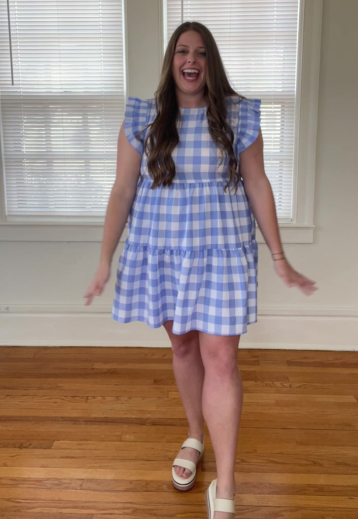 Blue and white Gingham tiered mini dress try on video from Favored And Common