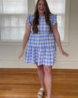 Blue and white Gingham tiered mini dress try on video from Favored And Common