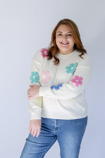 Light weight white pastel daisy print sweater for women from Favored And Common in NC